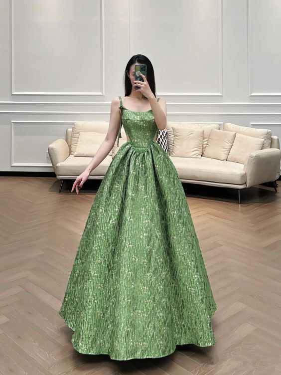 Beautiful Ball Gown Unique Green Long Prom Dress A Line Evening Dress