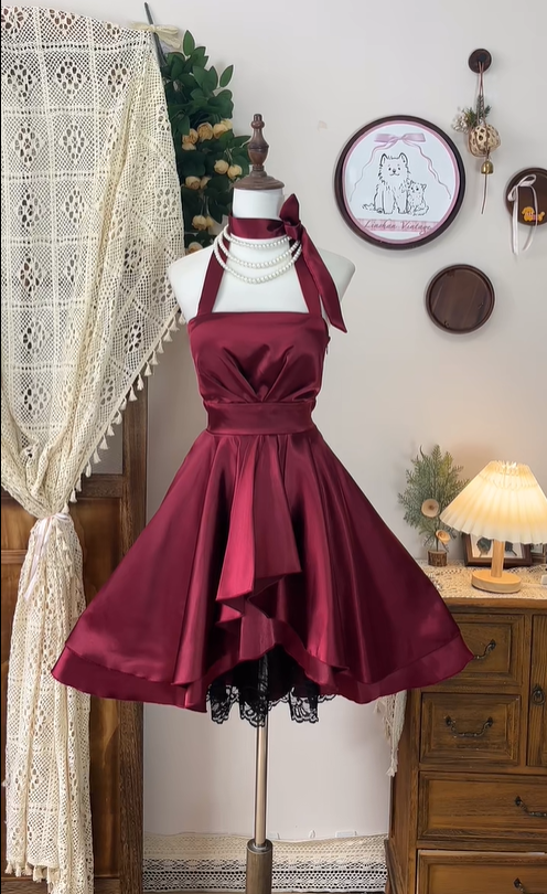 Vintage Burgundy Satin Lace A Line Homecoming Dress Halter Cocktail Dress