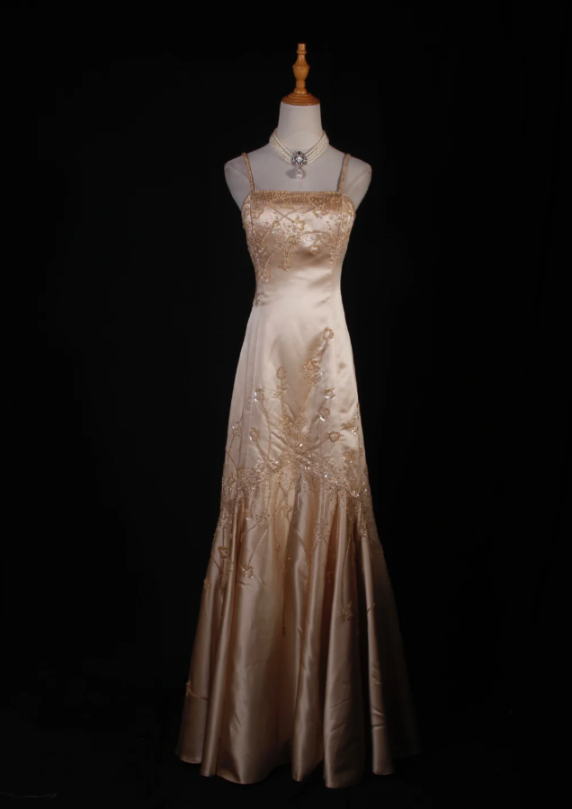 Fashion Spaghetti Straps Yellow Satin Beaded Mermaid Long Party Dress Evening Dress