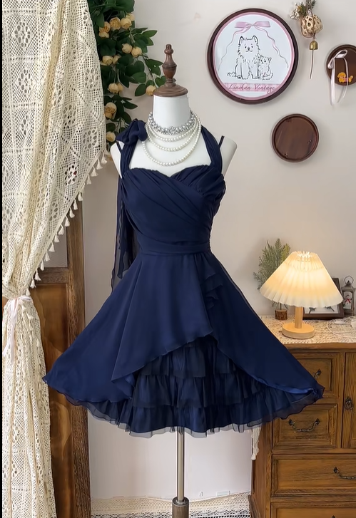 Pretty Halter Chiffon Tulle ALine Short Birthday Outfits Navy Blue Homecoming Dress