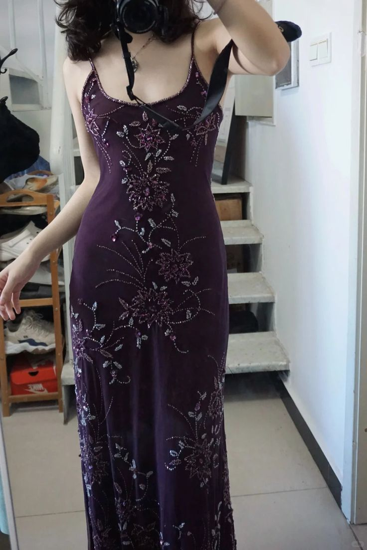 Beaded Purple Spaghetti Straps Long Prom Dress Sexy 21st Birthday Outfit
