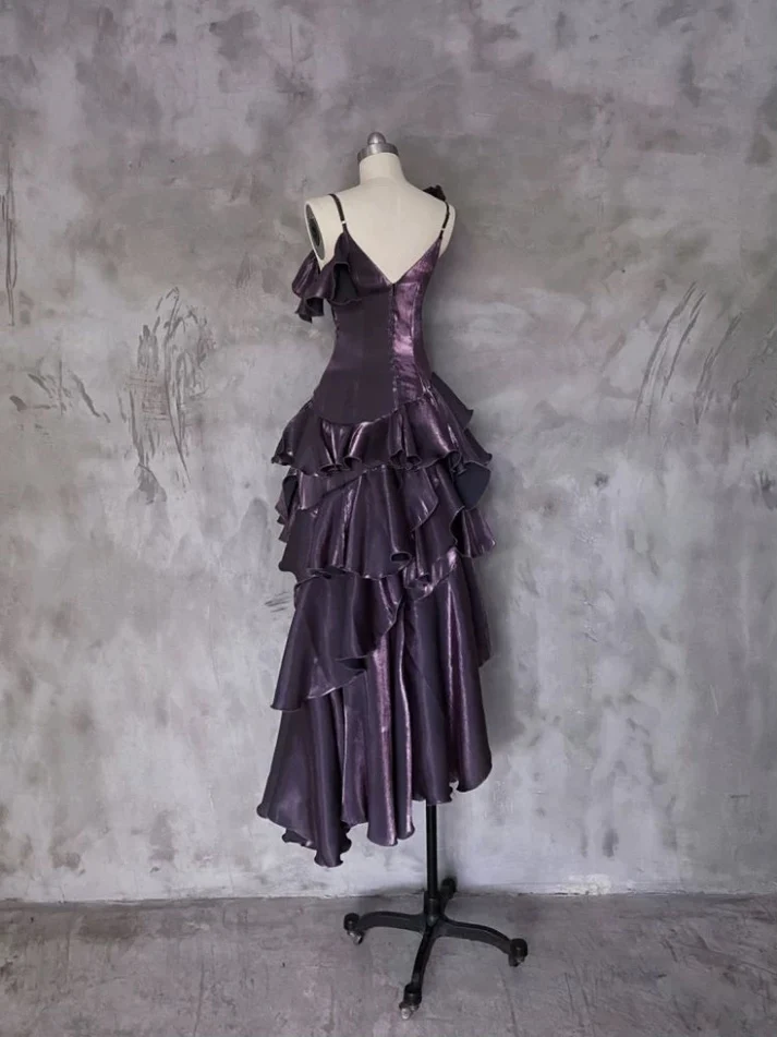 Purple Irregular Ruffle Spaghetti Straps Prom Dress Long Layered Birthday Dress Party Dress