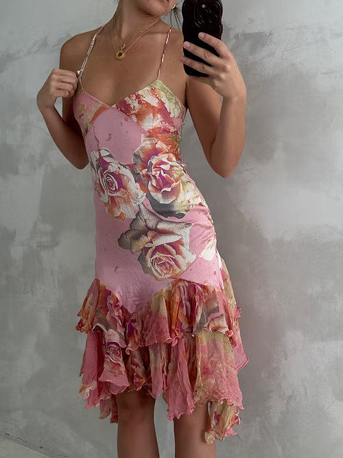 Pretty Pink Satin Print Floral Midi Party Gown Evening Dress