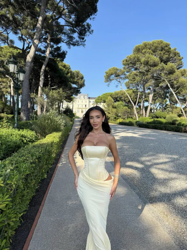 Simple Light Yellow Mermaid Boned Corset Satin Long Prom Dress Evening Dress