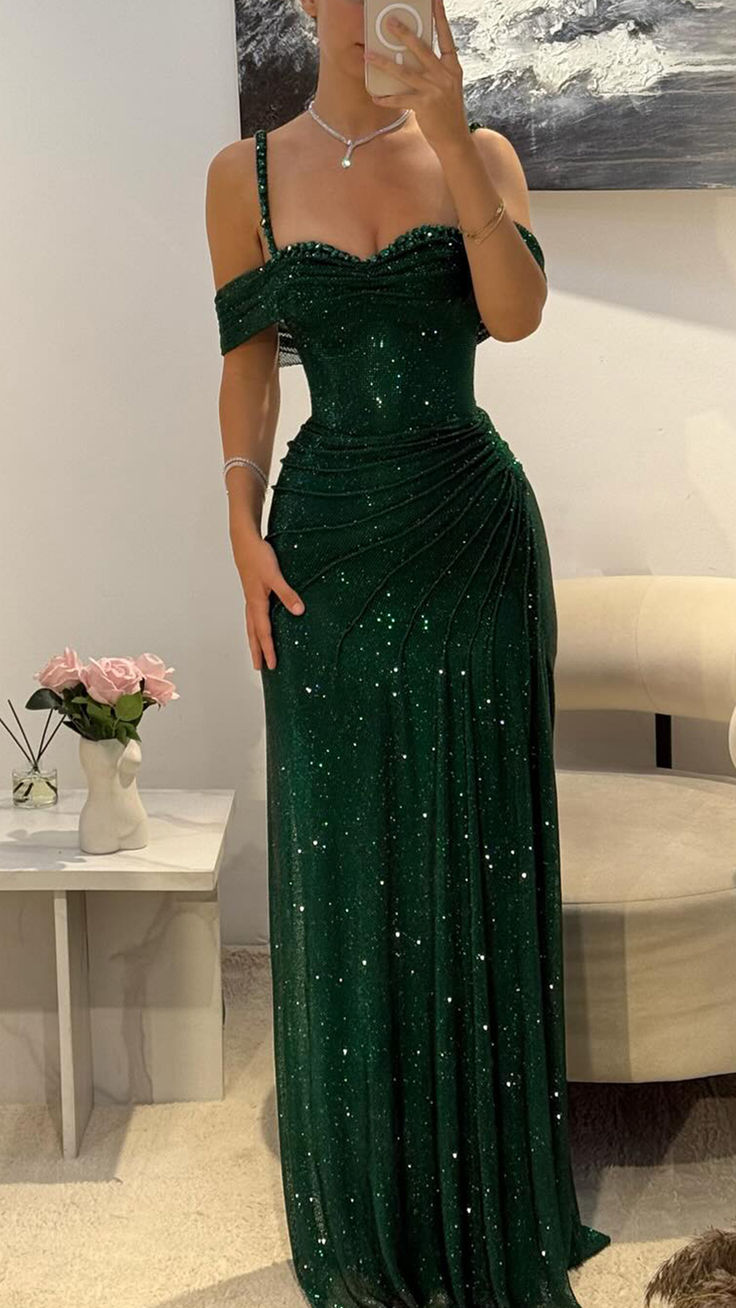 Swetheart Straaps Sparkly Pleated Sheath Prom Dress