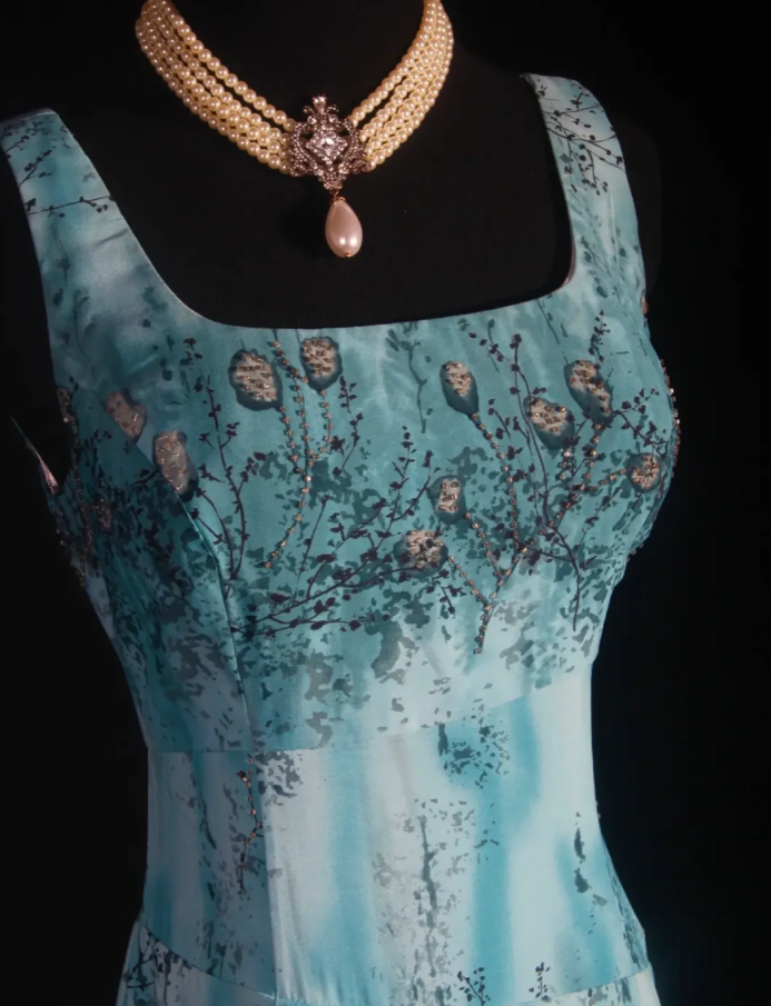 Vintage Square Neck Blue Chiffon Beaded Long Prom Dress Birthday Party Dress