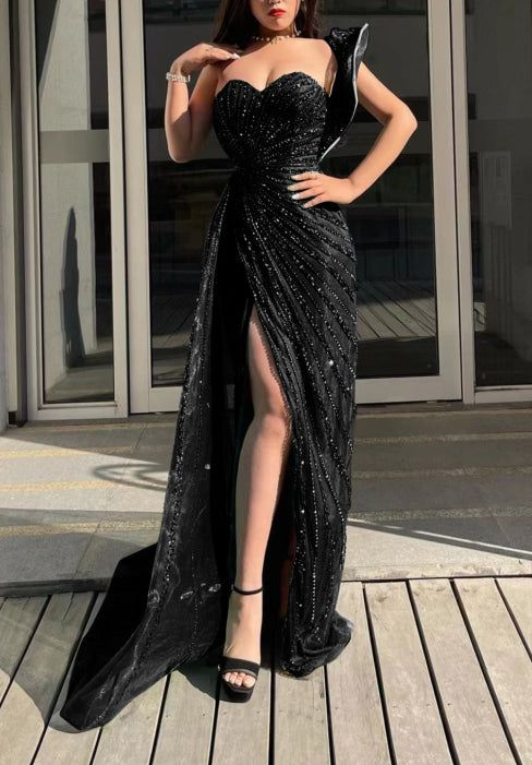 Emerald Green Sweetheart One-Shoulder Sequins Beading Evening Dress Mermaid Prom Dress With Split