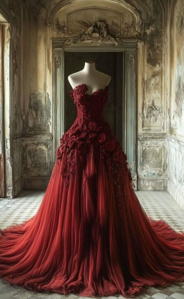Vintage Burgundy Tulle 3D Flowers Evening Dress,Strapless Prom Party Dress