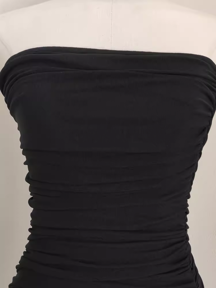 Sexy High Low Strapless Black Chiffon Ruffles Vacation Dress Women Dresses