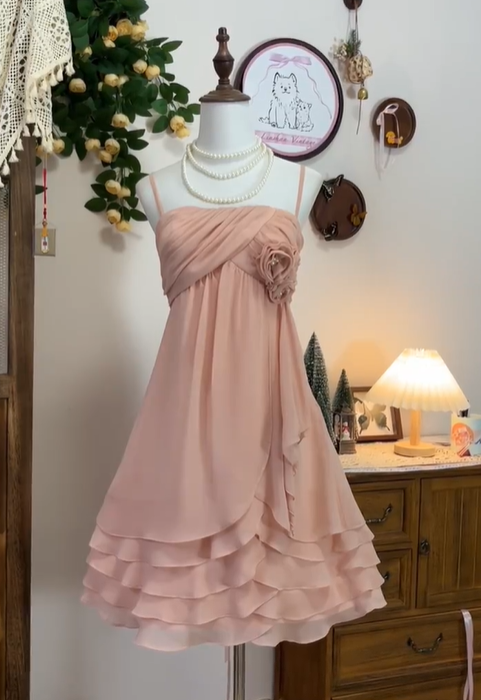 Pretty Rose Pink Spaghetti Straps Layered Chiffon Homecoming Dress Cocktail Dress