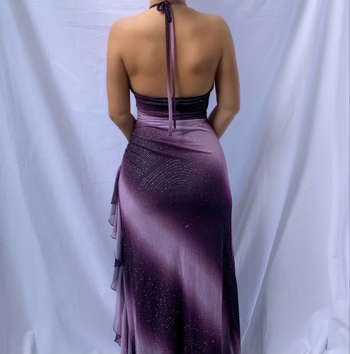 Retro Halter V Neck Purple Ombre Chiffon Sequin Ruffles Long Prom Dress Party Dress
