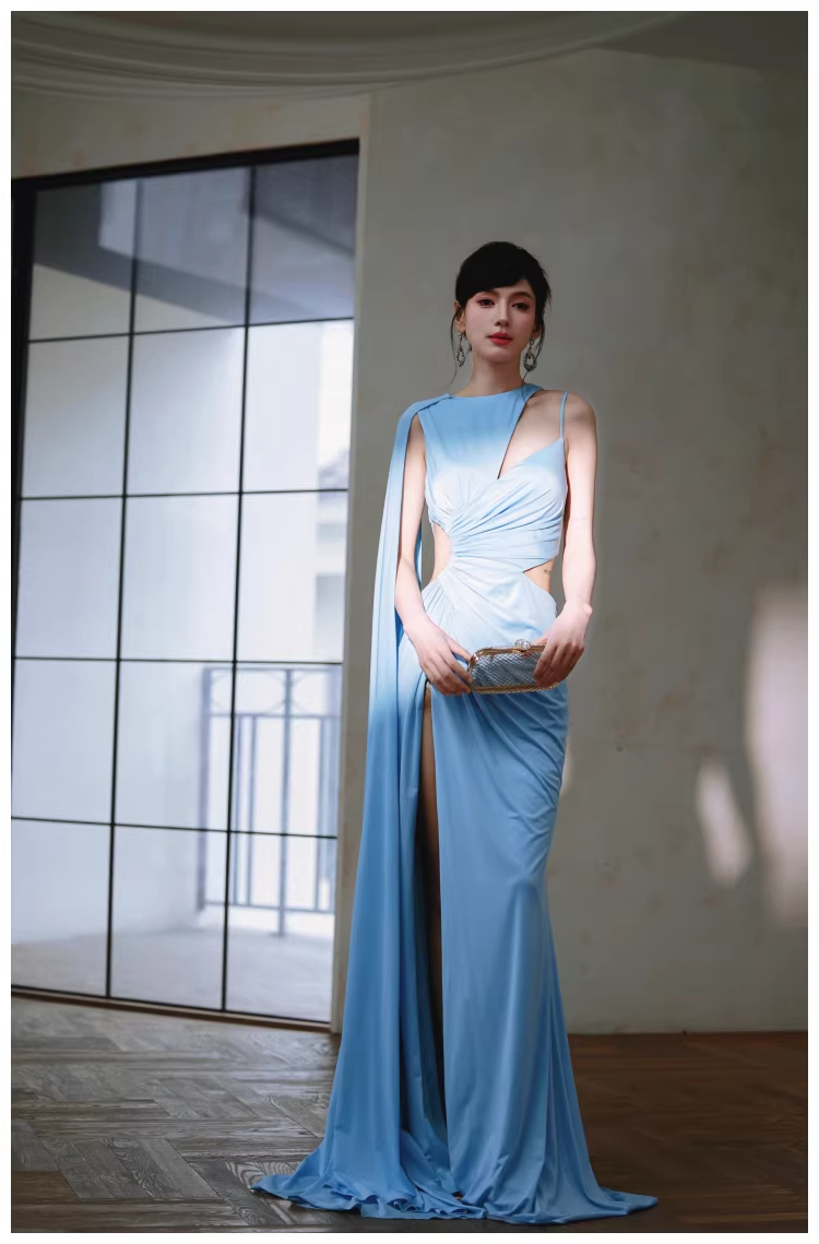 Sexy Blue Satin Slit Mermaid Long Prom Dress Evening Dresses