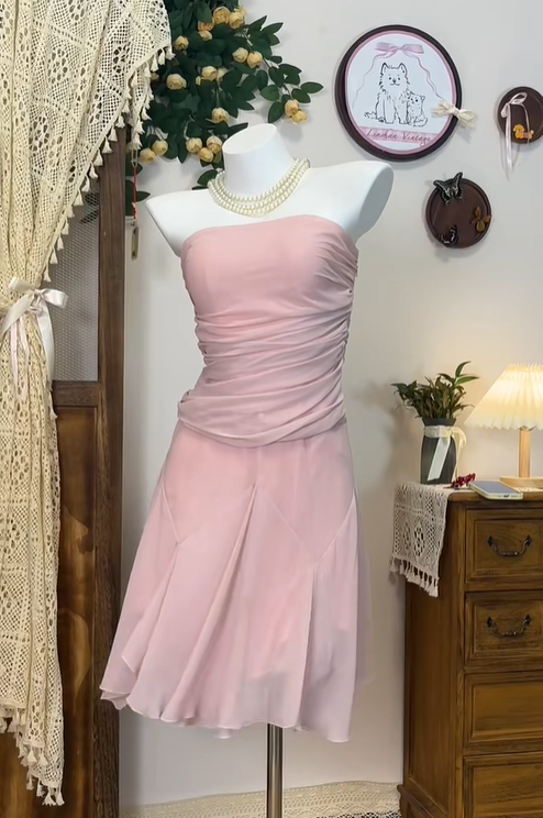 Sweet Pink Strapless Chiffon A Line Homecoming Dress Mini Party Dress