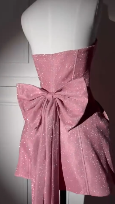 Elegant Strapless Pink Satin Sequin A Line Birthday Outfits Short Graduation Homecoming Dress With Bow