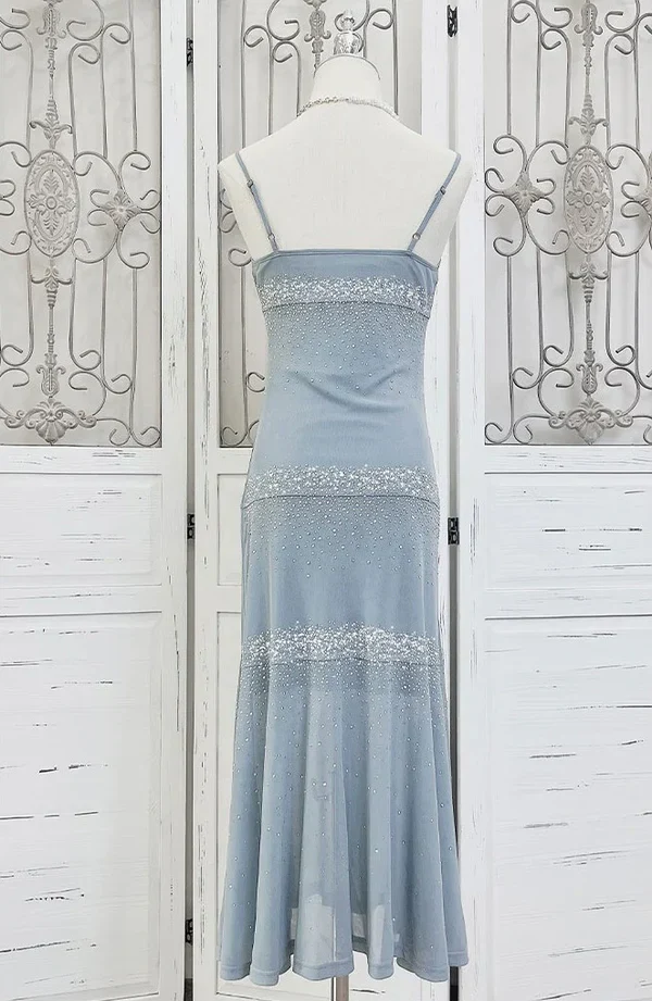 Beautiful Spaghetti Straps Blue Chiffon Beaded Evening Dress,Formal Prom Party Dress