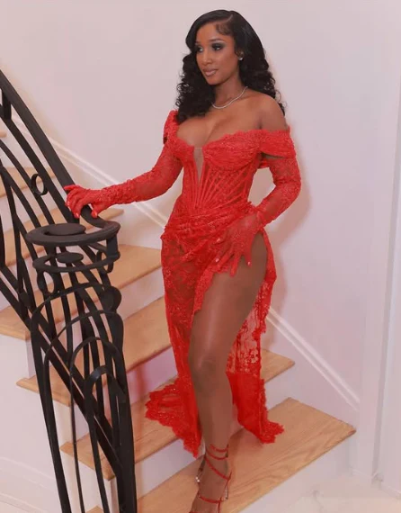 Sexy Lace Slit Mermaid Prom Dress Red Evening Dress
