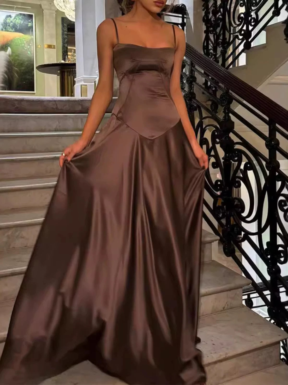 Pretty A line Spaghetti Straps Pink Satin Long Party Dresses Prom Dresses
