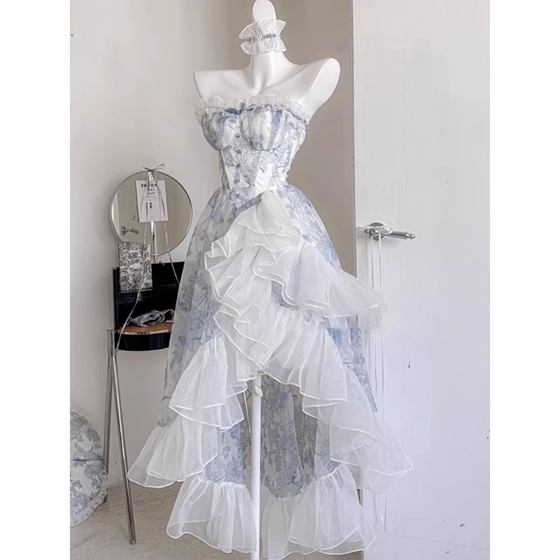 Vintage High Low Strapless Floor Length Light Blue Flowers Prom Dresses Birthday Dress