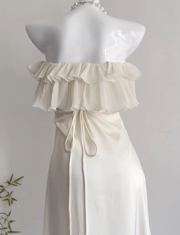 Classy Strapless White Satin Chiffon Long Prom Dress Birthday Party Dress