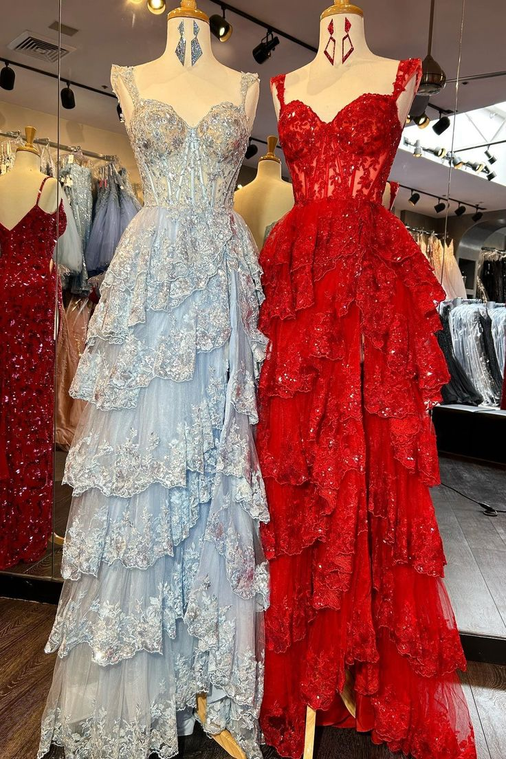 Charming Tulle Appliques Tiered Ruffles Long Prom Dress Slit Party Evening Gown