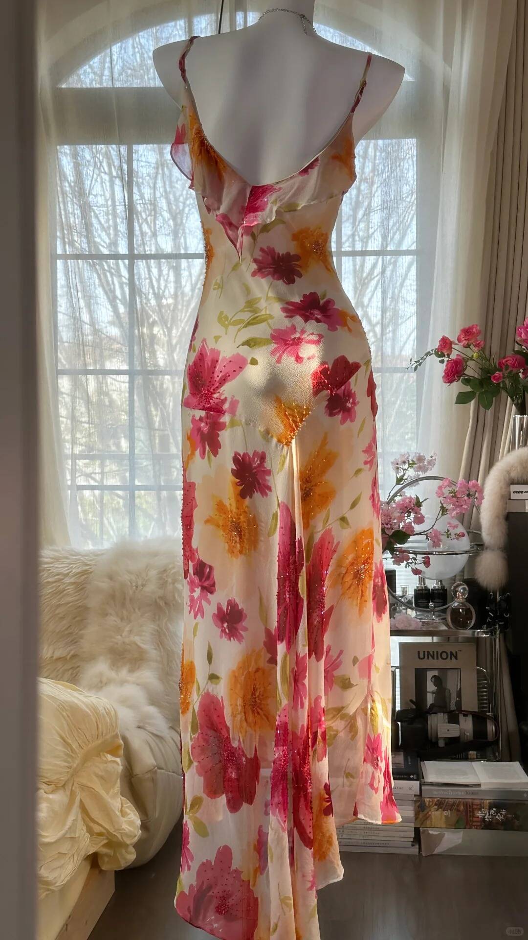 Pretty Chiffon Print Floral Beaded Mermaid Evening Dress Long Formal Party Dress