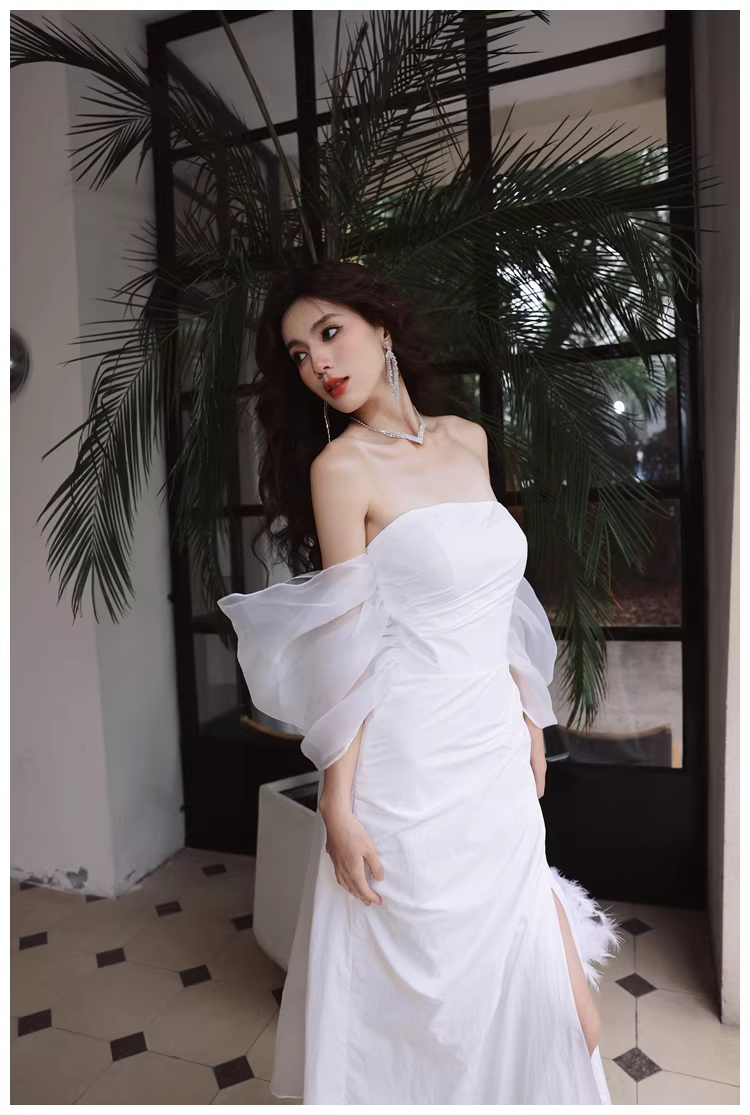 Classy Off The Shoulder White Satin Slit Mermaid Long Party Dress Birthday Evening Dress