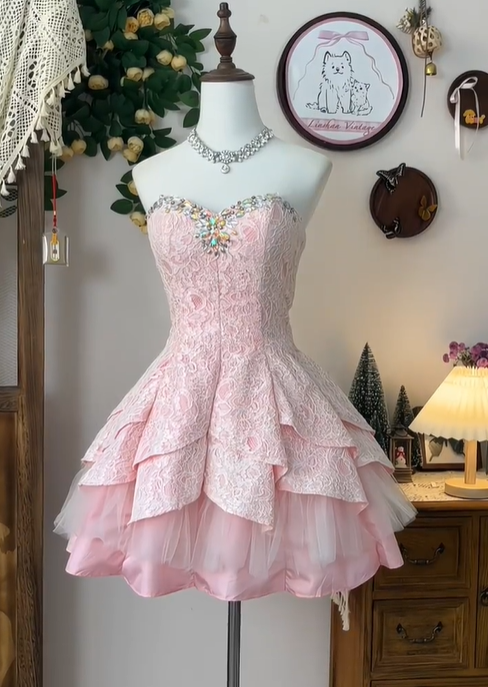 Classy Pink Satin Lace Beaded Formal Homecoming Dress Strapless A Line Mini Party Dress