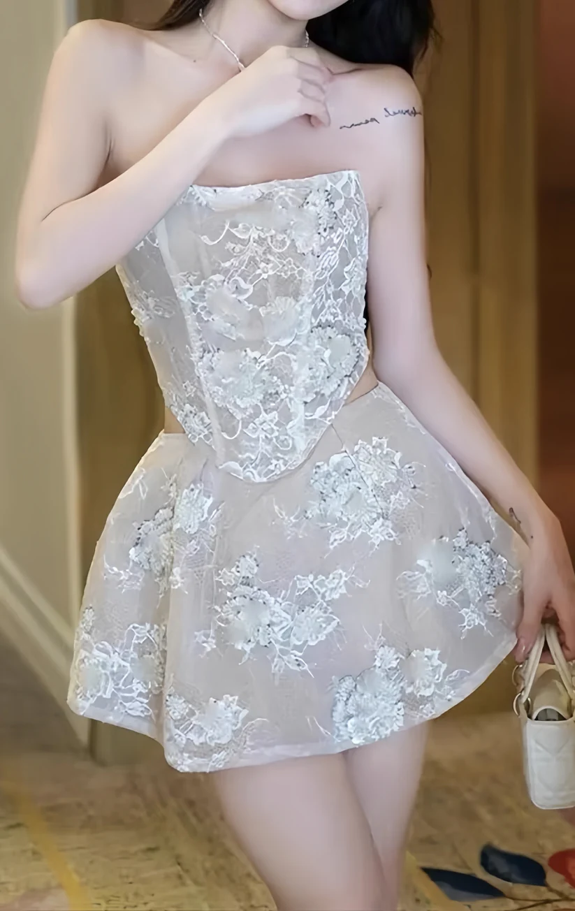 Elegant Strapless Lace Appliques Apricot White Short Birthday Party Dress Two Piece