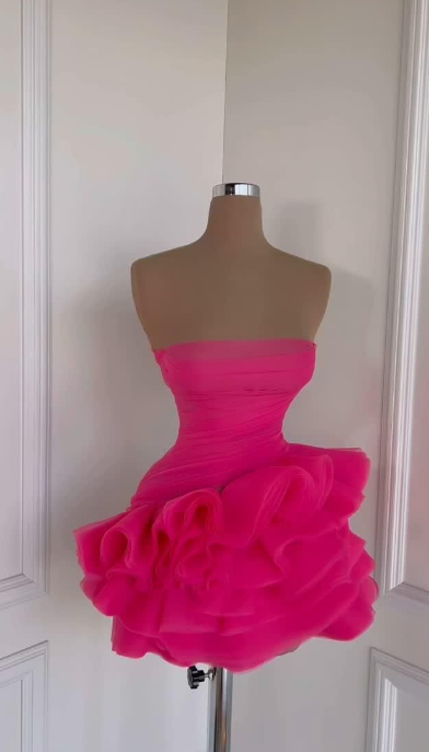 Hot Pink Strapless Sexy Pleated Sheath Cocktail Dress Short Party Dress Homecoming Dress