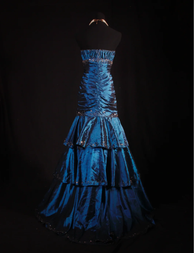 Gorgeous Strapless Satin Pleated Layered Beaded Evening Dress Navy BLue Mermaid Long Party Dress