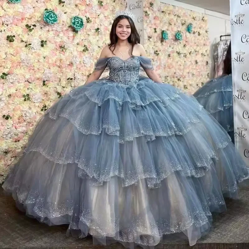 Sparkly Blue Sequin Off The Shoulder Ball Gown,Tulle Layered Sweet 16 Birthday Dress