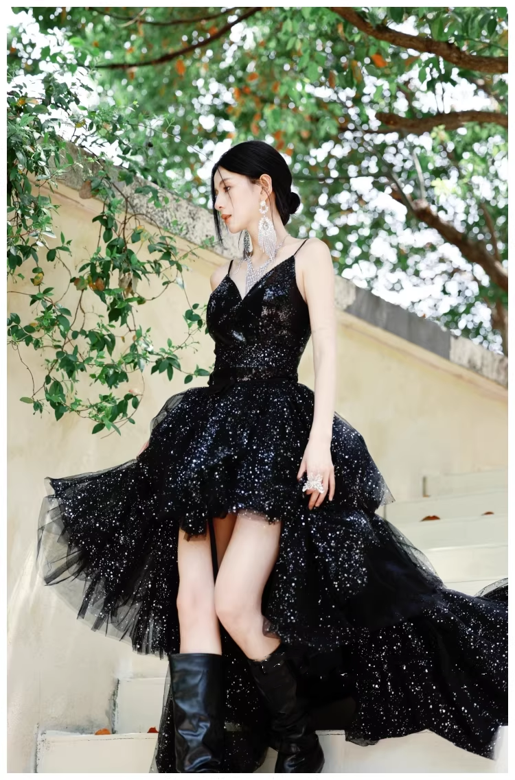 Sparky Black Spaghetti Straps Tulle Sequin Layered Long Birthday Evening Dress Party Dress