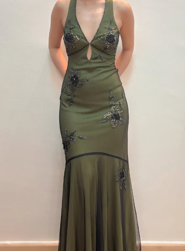 Vintage Green Deep V Neck Beaded Prom Evening Dress,Long Mermaid Party Gown