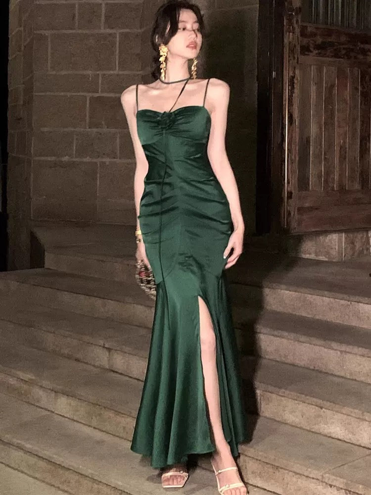 Simple Sheath Spaghetti Straps Floor Length Green Satin Prom Dresses Birthday Dress