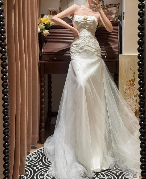 Classy Strapless White Satin Beaded Tulle Mermaid Long Evening Dress Formal Birthday Party Gowns