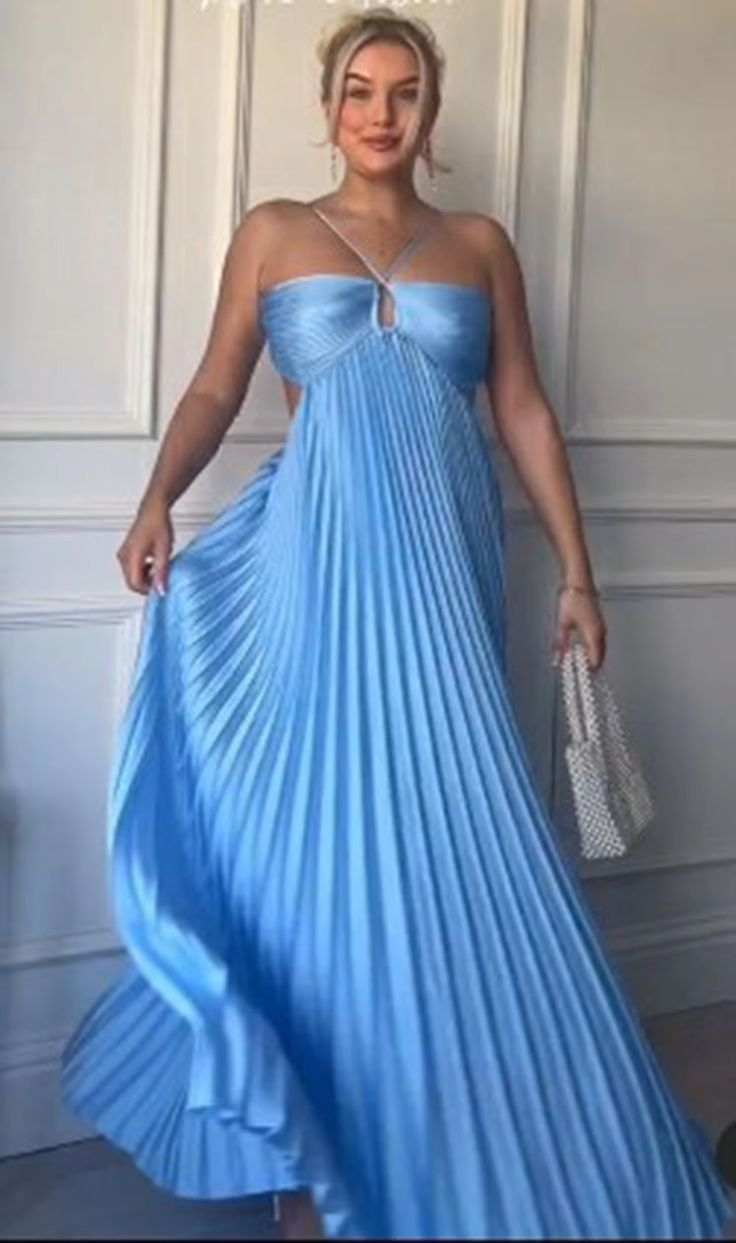 Halter Blue Pleated Long Prom Dress Formal Evening Dress