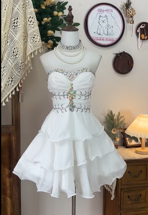 Vintage Strapless White Chiffon Beaded Short Birthday Dress Homecoming Dress