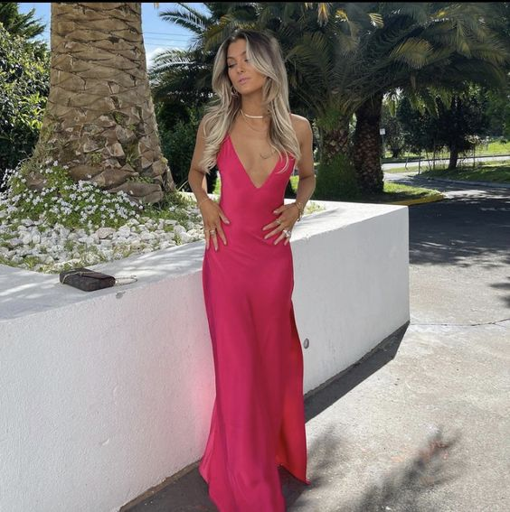 Simple Hot Pink Spaghetti Straps Evening Dress,Graduation Dress