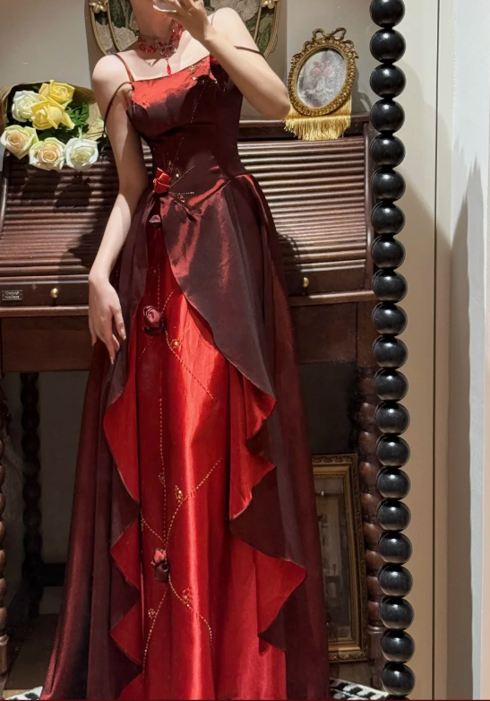 Vintage Spaghetti Straps Satin Beaded A Line Long Wedding Guest Dress Burgundy Birthday Party Dress With 3D Flowers