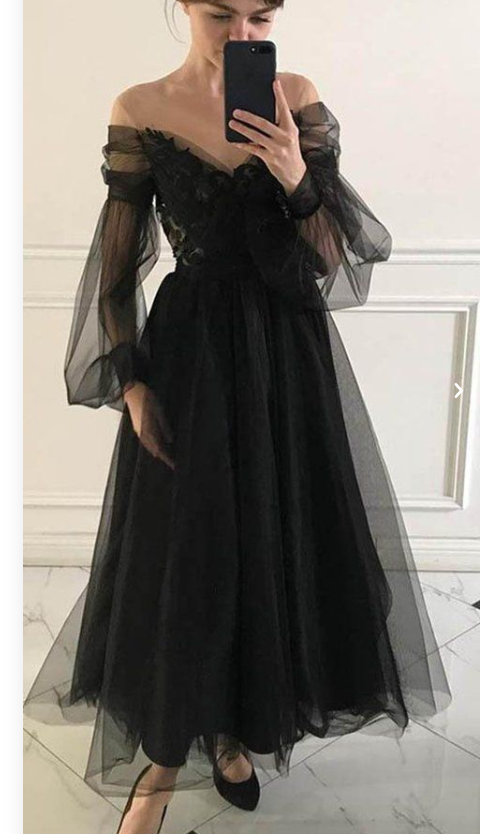 Elegant Black Off-shoulder Tulle Lace Top A-line Ankle-length Prom Dress