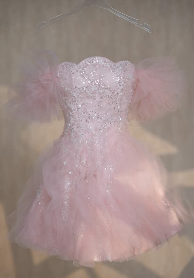 Sweet Pink Tulle Sequins A Line Mini Party Dress Homecoming Dress