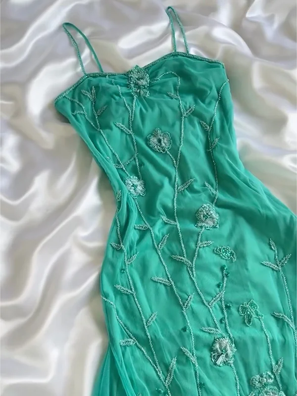 Classy Green Chiffon Lace Appliques Mermaid Prom Dress Long Party Dress