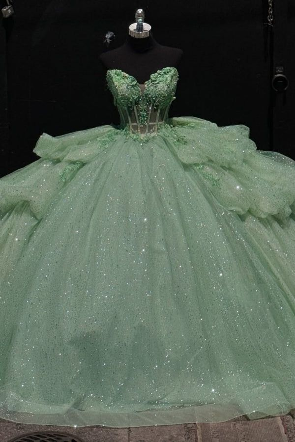 Fairy Green Tulle Sequins Appliques Quinceanera Dress Strapless Ball Gown With Bow