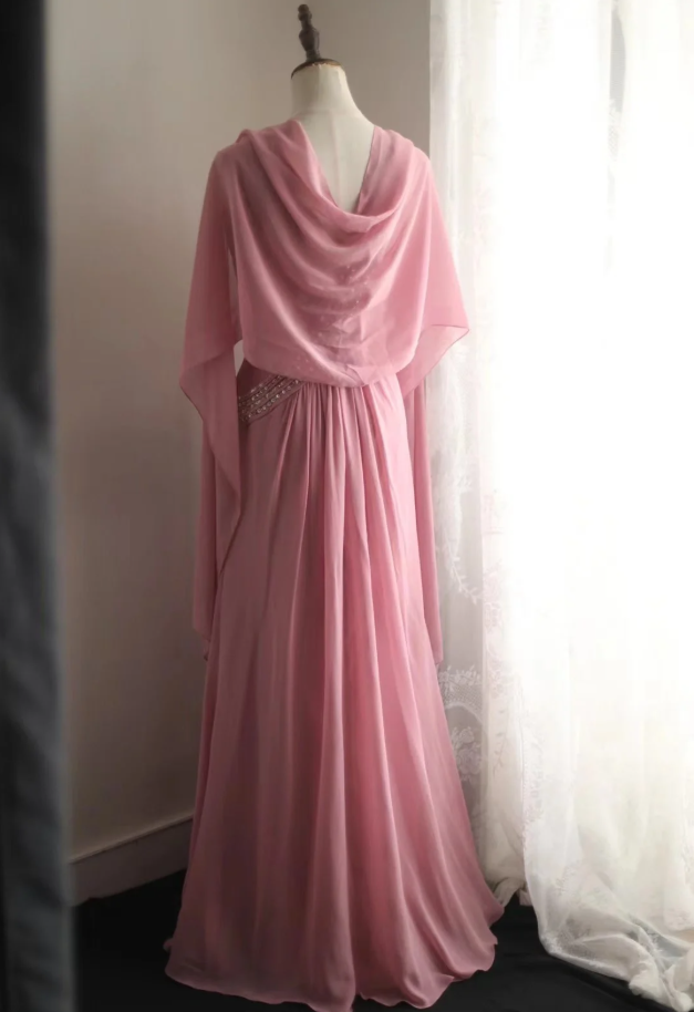 Pretty Pink Chiffon Beaded Mermaid Long Party Dress Evening Gown