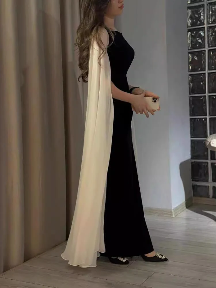 Beautiful Black Satin Chiffon Sheath Evening Dress Elegant Formal Prom Party Dress