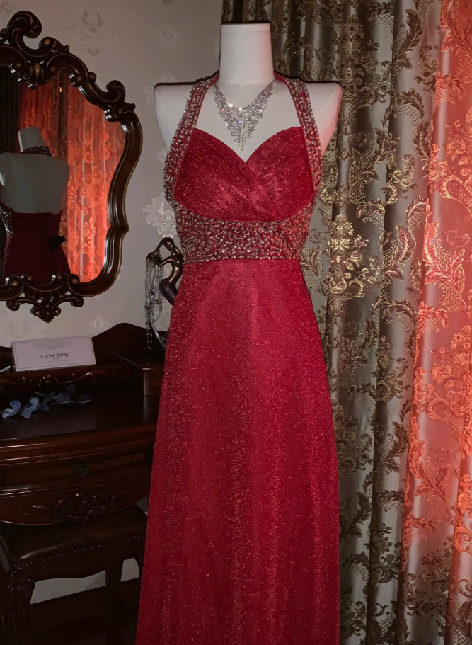 Glitter Halter Red Tulle Sequin Beaded A Line Long Party Dress Evening Dress