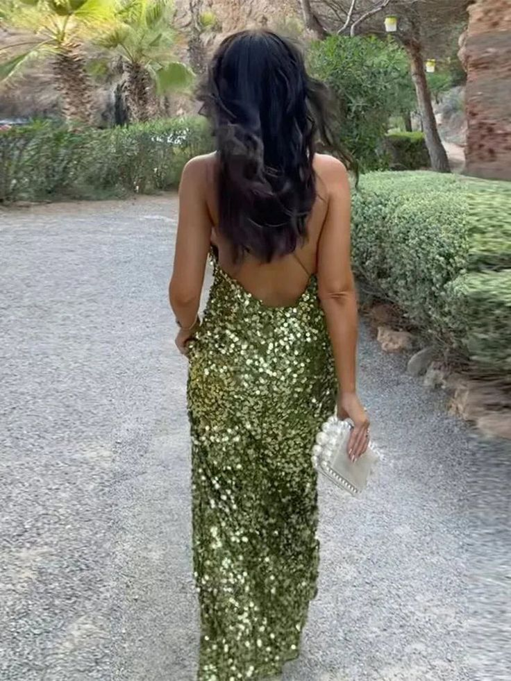 Gorgeous Green Sequins Backless Sheath Evening Dress V Neck Long Party Prom Dress