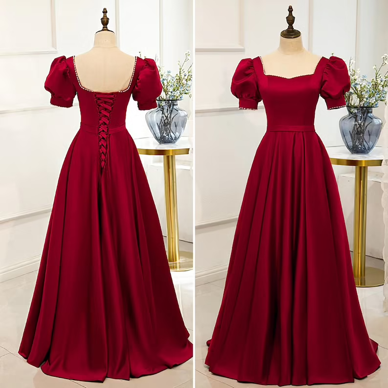 Red Satin Prom Dress Red Dress Puff Sleeve Victorian Dress