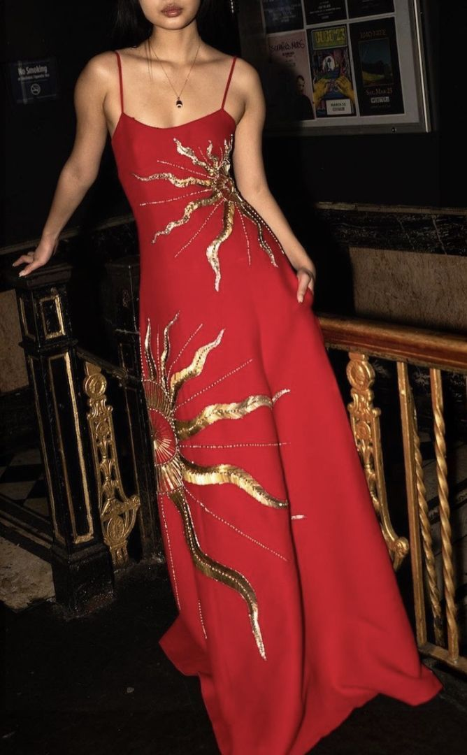 Gorgeous Spaghetti Straps Red Satin With Gold Sequin Long Party Dress Evening Dress