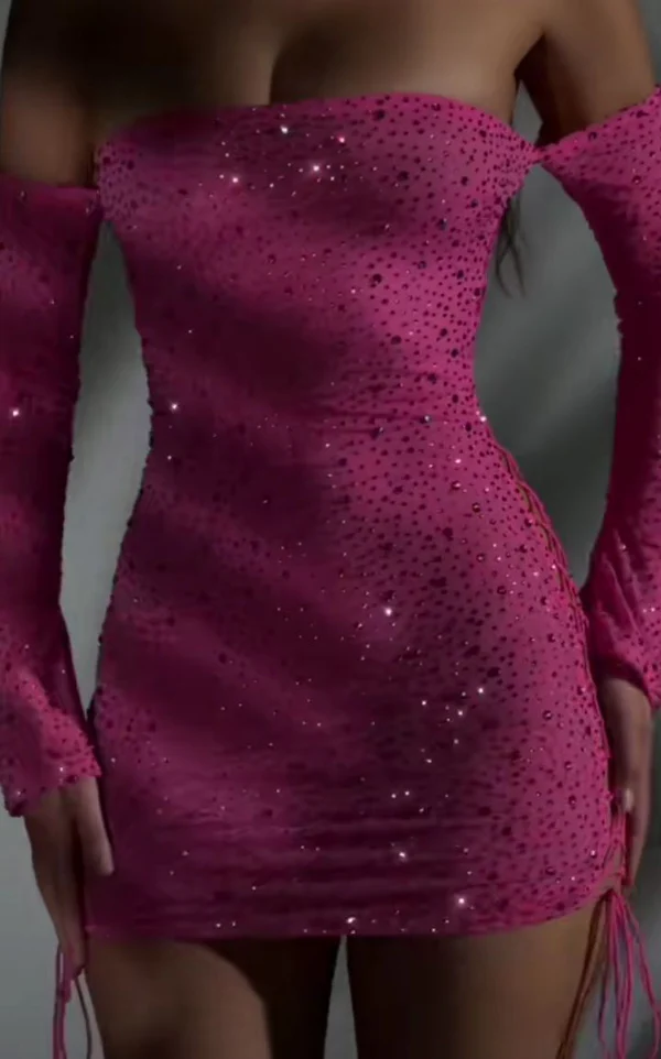 Sparkly Pink Off The Shoulder Satin Beaded Mini Cocktail Dress 20th Birthday Outfits